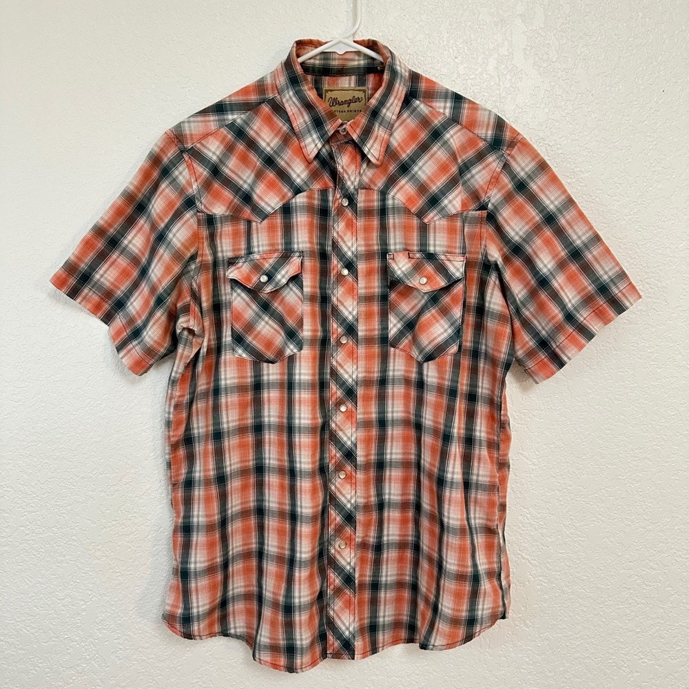 Wrangler Western Shirt Mens Large Orange Plaid Short Sleeve Pearl Snap